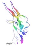 anthro bangs clothed clothing female hair horn long_neck looking_at_viewer multicolored_hair multicolored_horn rainbow_hair rainbow_horn simple_background solo wavy_hair white_background cyberamethyst disney zootopia gazelle_(zootopia) antelope bovid gazelle mammal 2017 absurd_res headshot_portrait hi_res portrait restricted_palette