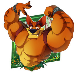 abs anthro biceps big_muscles bottomwear bracelet brown_hair brown_stripes claws clothed clothing eyebrows fangs flexing flexing_bicep fur hair jewelry loincloth male muscular muscular_anthro muscular_arms muscular_male orange_body orange_eyes orange_fur pecs sharp_teeth shoulder_pads simple_background solo spiked_bracelet spiked_shoulder_pads spikes striped_body striped_fur stripes tan_body tan_fur teeth thick_eyebrows topless triceps white_background taylortrap622 activision crash_bandicoot_(series) tiny_tiger dasyuromorph mammal marsupial recently_extinct_species thylacine 2022 hi_res