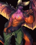 anthro biped bottomwear claws clothing dog_tags finger_claws gesture hand_gesture horn looking_at_viewer male membrane_(anatomy) membranous_wings muscular muscular_anthro muscular_male pants pecs pointing pointing_down solo standing tail teeth underwear wings greninjazz capcom monster_hunter mythology dragon elder_dragon mythological_creature mythological_scalie nergigante scalie absurd_res hi_res