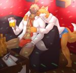 alcohol anthro anthro_on_anthro beer beverage bulge clothing drunk duo male male/male muscular substance_intoxication underwear shinobiya aggretsuko sanrio haida_(aggretsuko) ookami_(aggretsuko) canid canine hyena mammal maned_wolf spotted_hyena hi_res