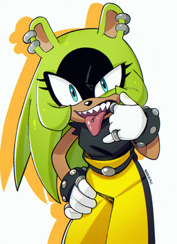 anthro blue_eyes bottomwear bracelet clothed clothed_anthro clothed_female clothing female female_anthro fur gloves green_body green_fur hand_on_hip handwear jewelry making_faces pants piercing ring sharp_teeth solo teeth tongue tongue_out tongue_piercing white_clothing white_gloves white_handwear yellow_bottomwear yellow_clothing yellow_pants nikkikaji idw_publishing sega sonic_the_hedgehog_(comics) sonic_the_hedgehog_(idw) sonic_the_hedgehog_(series) surge_the_tenrec afrosoricid mammal tenrec 2025 absurd_res digital_media_(artwork) hi_res