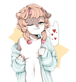 5_fingers anthro areola bite biting_lip blonde_hair blue_eyes breasts brown_body brown_fur eyelashes fangs female fingers fur hair heart_reaction heart_symbol horn looking_at_viewer multi_heart_reaction navel nipples one_eye_closed pattern_background pink_areola pink_horn pink_nipples pupils red_heart simple_background slit_pupils solo speech_bubble star star-shaped_background star_polygon star_symbol tan_body tan_fur teeth white_body white_fur sonyan 2017 digital_media_(artwork) hi_res pictographics shaded