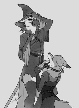 5_fingers anthro anthro_on_anthro beak biped bodily_fluids clothed clothed_anthro clothed_female clothed_male clothing cum cum_on_face cum_on_hand cum_on_shoulder cum_string duo ears_back ejaculation erection eyes_closed feathers female femboy fingers fur genital_fluids genitals hat headgear headwear jewelry male male/male necklace occult_symbol penis pentagram pivoted_ears standing symbol tail witch_costume ruaidri adhina_(ruaidri) gale_(ruaidri) avian bird canid canine fox mammal 2025 digital_drawing_(artwork) digital_media_(artwork) monochrome