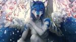 5_fingers anthro blue_body blue_eyes blue_feathers blue_hair blue_nose breasts day detailed_background feathered_wings feathers featureless_breasts female fingers hair holly_berries outside peaceful serene smile solo stripes wings wildering tala_(suntattoowolf) canid canine canis mammal wolf digital_media_(artwork) shaded