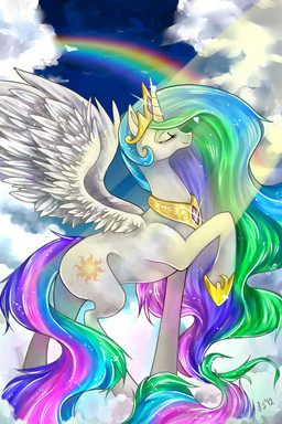 blue_hair blue_tail cloud crown cutie_mark eyes_closed feathered_wings feathers female feral green_hair green_tail hair headgear horn jewelry light light_beam long_hair multicolored_hair multicolored_tail necklace outside pink_hair pink_tail princess purple_hair purple_tail rainbow rainbow_hair rainbow_tail royalty side_view solo sparkles sun sunbeam sunlight tail tiara white_body white_feathers white_skin white_wings wings greyradian friendship_is_magic hasbro my_little_pony mythology princess_celestia_(mlp) equid equine mammal mythological_creature mythological_equine winged_unicorn 2012 2:3 absurd_res hi_res signature