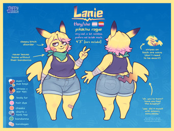 anthro band-aid band-aid_on_face band-aid_on_leg bandage bandage_on_face barefoot blonde_hair blue_background border bottomwear breasts butt clothing feet female gesture green_kerchief green_neckerchief hair hand_gesture kerchief lesbian_pride_colors lgbt_pride looking_aside neckerchief neckwear pride_colors profanity purple_clothing purple_shirt purple_tank_top purple_topwear shirt short_hair shorts shortstack simple_background smile solo standing tail tank_top text topwear trans_sexual_dimorphism v_sign yellow_body yellow_border taffywabbit nintendo pokemon lanie_(keffotin) generation_1_pokemon pikachu pokemon_(species) 2023 4:3 digital_media_(artwork) english_text hi_res model_sheet nonbinary_(lore) trans_(lore) trans_woman_(lore)