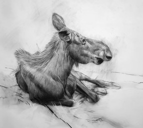 black_body female feral looking_aside looking_away realistic simple_background sitting solo white_background geordie_millar deer mammal moose new_world_deer 2006 charcoal_(artwork) formal_art monochrome traditional_media_(artwork)
