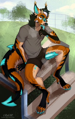 anthro background_shot bench bodily_fluids breath clothed clothing erection fur furniture genitals grass hair male open_mouth outside panting penis picnic plant simple_background sitting solo sweat table tail text tongue lbyluc canid canine canis hybrid mammal wolf absurd_res digital_media_(artwork) english_text hi_res