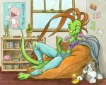 anthro bean_bag brown_hair clothed clothing female hair midriff plushie reading solo tail lizardbeth lizardbeth_(character) iguana iguanid lizard reptile scalie