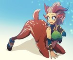 anklet ass_up blue_eyes bracelet breasts brown_body clothing female fur hair hooves horn humanoid_pointy_ears jack-o'_pose jewelry open_mouth ponytail pose simple_background solo topwear white_hair rikokyu dota valve aiushtha_the_enchantress cervine cervine_taur deer deer_taur equid equid_taur humanoid_taur mammal mammal_taur taur 2021 hi_res