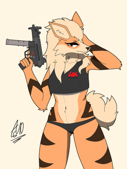anthro bedroom_eyes black_clothing breasts brown_eyes clothing countershading crop_top curled_tail female fur fur_markings gun hair hand_behind_head holding_gun holding_object holding_ranged_weapon holding_weapon logo logo_on_shirt long_hair looking_away low_waisted_panties markings medium_tail mp5 mp5k narrowed_eyes navel orange_body orange_fur ranged_weapon seductive shirt small_breasts solo standing submachine_gun tail topwear tuft weapon echotastrophe heckler_and_koch nintendo pokemon arcanine canid canine canis generation_1_pokemon mammal pokemon_(species) 2026 absurd_res hi_res shaded signature simple_shading