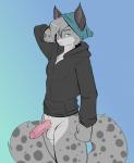 anthro balls bottomless clothed clothing genitals half-erect humanoid_genitalia humanoid_penis looking_at_viewer male penis solo standing munkeesgomu lyx_(lynxer) felid feline lynx mammal hi_res