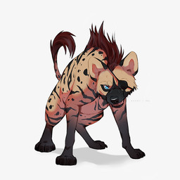 ambiguous_gender angry black_claws black_markings black_nose blue_eyes brown_hair claws feral hair markings simple_background snout solo spots spotted_markings standing striped_markings stripes tail tail_tuft teeth tuft white_background azzai hyena mammal 1:1 2022 colored digital_drawing_(artwork) digital_media_(artwork) shaded