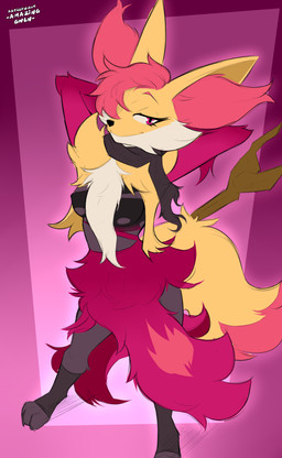 3_toes anthro biped breasts clothing feet female footwear front_view fur hair inner_ear_fluff looking_at_viewer medium_breasts multicolored_body multicolored_fur nipple_outline pink_eyes pokemorph red_body red_fur red_hair scarf simple_background smile socks solo standing tail toes tuft yellow_body yellow_fur yellow_tail amazinggwen nintendo pokemon delphox generation_6_pokemon pokemon_(species) 2025 absurd_res digital_drawing_(artwork) digital_media_(artwork) hi_res