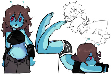 antennae_(anatomy) anthro arm_warmers armwear blue_body blush bottomwear breast_squish breasts brown_hair clothing crop_top female hair lying medium_breasts navel non-mammal_breasts non-mammal_navel on_front pants red_eyes shirt shorts solo squish topwear underwear kopito nova_(kopito) amphibian frog absurd_res hi_res