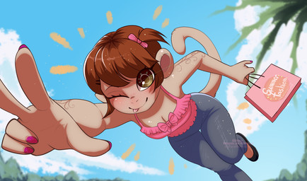accessory anthro bimbo_(fashion) bottomwear bow_(feature) bow_ribbon brown_eyes brown_hair clothing colored_nails denim denim_bottomwear denim_clothing eyelashes fashion female footwear hair hair_accessory hair_bow hair_ribbon jeans monkey_tail nails pants ribbons shirt shoes solo tank_top tattoo tongue tongue_out topwear glitter_galaxia haplorhine mammal monkey primate absurd_res hi_res