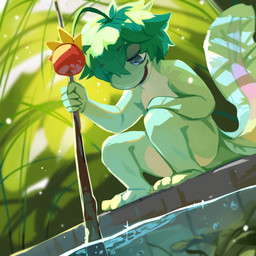 ambiguous_gender antennae_(anatomy) anthro blurred_background crouching green_body green_hair hair holding_object holding_stick narrowed_eyes nude open_mouth open_smile smile solo stick unsigned water waterline_view corzh77 species_request 1:1 absurd_res full-length_portrait hi_res portrait