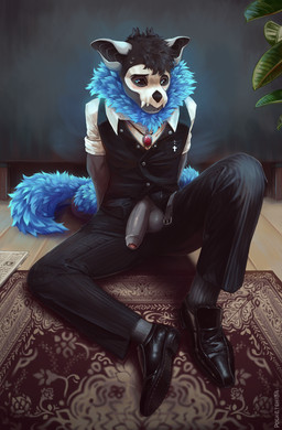 anthro balls blue_hair bone bone_mask clothed clothed_anthro clothed_male clothing detailed_background embarrassed fluffy fluffy_tail fur genitals hair humanoid_genitalia humanoid_penis male mane mane_hair mask penis shy sitting skull skull_mask solo suit tail pocketshiba mythology dragon mythological_creature mythological_scalie scalie detailed hi_res