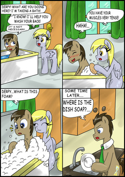accessory bath black_border blonde_hair blue_eyes blush border brown_hair bubble collar curtains cutie_mark dialogue feathered_wings feathers female feral hair male necktie plate quadruped sink tail text water window wings yellow_eyes ciriliko friendship_is_magic hasbro microsoft minecraft mojang my_little_pony mythology xbox_game_studios derpy_hooves_(mlp) doctor_whooves_(mlp) creeper_(minecraft) earth_pony equid equine horse mammal mythological_creature mythological_equine pegasus pony 2012 absurd_res comic crossover english_text hi_res