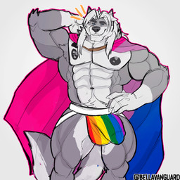 abs anthro barazoku big_nipples bisexual_pride_colors black_nipples blue_eyes body_hair chest_tattoo clothing flexing flexing_bicep front_view fur grey_body grey_fur hair hand_behind_head hand_on_hip happy_trail jockstrap lgbt_pride long_hair looking_at_viewer male muscular muscular_male nipple_piercing nipples pecs piercing pride_colors rainbow_flag rainbow_jockstrap rainbow_pride_colors rainbow_symbol showing_armpit smile smiling_at_viewer smirk smirking_at_viewer solo standing tattoo underwear white_body white_fur white_hair bella_vanguard lgbt_pride_month mac_b._howlin canid canine canis mammal wolf 1:1 hi_res