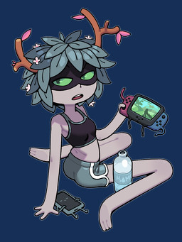 ambiguous_gender antlers bottle bottomwear breasts clothed clothing container female flower green_body green_eyes green_skin group horn leaf leaf_hair mask not_furry plant plant_hair pseudo_hair shorts sitting toony topwear trio water wearing_mask discount-supervillain adventure_time cartoon_network nintendo nintendo_switch huntress_wizard animate_inanimate elemental_creature elemental_humanoid flora_fauna humanoid mammal plant_humanoid 3:4 alpha_channel digital_media_(artwork) hi_res