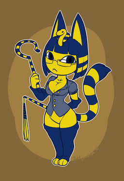 3_toes anthro armwear blue_hair bottomless breasts brown_background cane cleavage clothed clothing eyewear featureless_crotch feet female frown fur glasses hair holding_object legwear looking_at_viewer markings outline shirt simple_background solo striped_markings striped_tail stripes tail tail_markings toes topwear uraeus whip yellow_body yellow_fur dakkpasserida animal_crossing nintendo ankha_(animal_crossing) domestic_cat felid feline felis mammal 2015