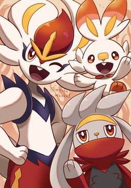ambiguous_gender anthro buckteeth fur group hands_on_hips happy kemono looking_at_viewer one_eye_closed open_mouth serious teeth tongue trio white_body white_fur wink miruka nintendo pokemon cinderace generation_8_pokemon pokemon_(species) raboot scorbunny 2026 hi_res japanese_description