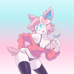 accessory anthro anthrofied blue_sclera bow_ribbon bra bra_strap breasts cleavage clothed clothing eyelashes female gradient_background hair hair_accessory hair_bow hair_ribbon legwear looking_at_viewer panties pink_hair pokemorph ribbon_in_hair ribbons short_hair simple_background small_breasts smile solo standing sweater tail thick_thighs thigh_highs three-quarter_view tongue tongue_out topwear underwear white_body white_eyes buttercolors nintendo pokemon eeveelution generation_6_pokemon pokemon_(species) sylveon 1:1 2026 digital_drawing_(artwork) digital_media_(artwork) hi_res