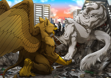 5_fingers abs anthro beak biceps brown_body brown_fur building building_destruction car city city_background city_crushing city_destruction claws crush destruction detailed_background duo extreme_size_difference feathered_wings feathers feet finger_claws fingers foot_lick footprint fur landscape_dwarfing licking macro macro_anthro male muscular muscular_anthro muscular_male nude outside pawpads pawprint paws pecs size_difference sky smile tail toe_claws toes tongue tongue_out vehicle vehicle_destruction white_body white_fur wings tatugon mythology carpo kill_(sergal) avian gryphon mythological_avian mythological_creature sergal hi_res