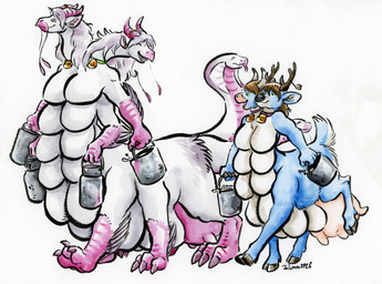 2_heads antlers breasts collar cowbell duo female ferren hooves horn living_tail milk multi_arm multi_breast multi_head multi_limb snake_tail tail taur_train tea_bag teats udders unusual_anatomy unusual_tail cervelet mythology endiu ferren_(ferren_naghos) cervine deer deer_taur dragon hybrid mammal mammal_taur mythological_creature mythological_scalie reptile scalie snake taur absurd_res hi_res