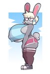 anthro athletic_wear big_breasts biped blue_eyes blush bottomwear breasts butt clothing eyelashes eyewear female footwear fur glasses grey_body grey_fur gym_bottomwear gym_shorts hair huge_breasts hyper hyper_breasts looking_at_viewer nipple_outline shirt shoes short_hair short_stack shorts side_boob side_view smile sneakers socks solo standing tank_top thick_thighs toony topwear under_boob dogfluid tea_(teabunni) lagomorph leporid mammal rabbit 2021 digital_media_(artwork) hi_res shaded