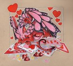 2024 ambiguous_gender black_body black_scales candy candy_hearts claws dessert dragon feral food heart_symbol heather_bruton hershey's_kisses holidays membrane_(anatomy) membranous_wings mythological_creature mythological_scalie mythology pink_body pink_eyes pink_scales quadruped red_body red_scales scales scalie simple_background solo tail tan_background text valentine's_day valentine's_day_card wings