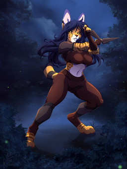 5_fingers amber_eyes anthro big_breasts breasts clothed clothing dagger female fingers melee_weapon midriff navel night solo weapon lapres felid feline mammal serval 2019 3:4 digital_media_(artwork) hi_res