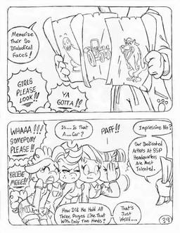 anthro bodily_fluids bottomwear clothed clothed_anthro clothed_female clothed_male clothing coat cowboy_hat cowboy_outfit crop_top cutie_mark detective dialogue eyelashes facepalm female freckled_face freckles fully_clothed fully_clothed_anthro fully_clothed_female fully_clothed_male group hat headgear headwear horn male map obscured_face pictures shirt shorts skirt spandex_clothing speech_bubble sweater sweater_vest tears text topwear trenchcoat vest wings circe_(artist) friendship_is_magic hasbro my_little_pony mythology pink_panther_(series) applejack_(mlp) fangface inspector_jacques_clouseau pinkie_pie_(mlp) rainbow_dash_(mlp) speed_buggy_(character) twilight_sparkle_(mlp) canid canine canis earth_pony equid equine horse mammal mythological_creature mythological_equine pegasus pony winged_unicorn wolf black_and_white comic english_text line_art monochrome