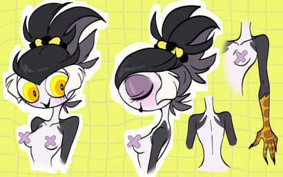 anthro eyelashes eyes_closed female hair lipstick makeup scrunchie solo tied_hair yellow_eyes g-blue16 odeth_poensis avian bird owl 2024 absurd_res censored hi_res model_sheet