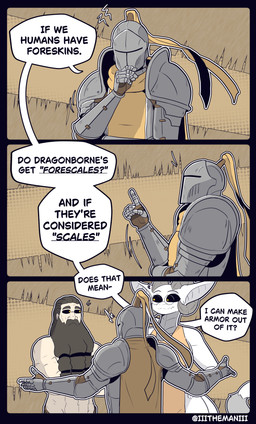 anthro apron apron_only armor beard black_sclera clothing dialogue eye_contact eyewear facial_hair female glasses group horn knight looking_at_another male text thinking twitter_handle warrior white_body yellow_eyes the_man mythology dragon human mammal mythological_creature mythological_scalie scalie 2026 absurd_res comic english_text hi_res
