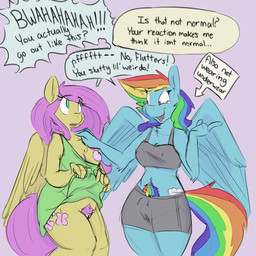 anthro anthrofied asking asking_another asking_if_serious blue_body blue_fur bodily_fluids bra breasts clothed clothing clothing_lift color_coded color_coded_speech_bubble cutie_mark dialogue directional_arrow dress dress_lift duo female fur genitals hair humanoid_genitalia humanoid_vulva information_box information_label laugh linked_speech_bubble monotone_genitals multicolored_hair multicolored_tail name_drop name_in_dialogue navel nipples no_underwear open_mouth pfft pink_hair pink_tail pointy_speech_bubble pubes question questioning_tone rainbow_hair rainbow_tail small_breasts smile speech_bubble sports_bra tail talking_to_another tears text text_box underwear vocalization vowelless vowelless_vocalization vulva wings yellow_body yellow_fur yes-no_question visiti friendship_is_magic hasbro my_little_pony mythology fluttershy_(mlp) rainbow_dash_(mlp) equid equine mammal mythological_creature mythological_equine pegasus 1:1 english_text hi_res