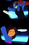 ambiguous_gender anthro bodily_fluids clothed clothing comic dialogue duo english_text eye_patch eyes_closed eyewear female frisk_(undertale) hi_res human mammal sweat tc-96 text undertale undertale_(series) undyne