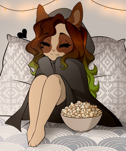 anthro bed bedding blanket blush blush_lines bowl brown_hair clothed clothing container crossgender ears_up eyes_closed female food furniture green_hair hair heart_symbol highlights_(coloring) inside legs_together light lights long_hair mtf_crossgender on_bed pillow popcorn reclining simple_background sitting skinny smile solo string_lights wavy_hair wrapped_in_blanket miochi sandry_vallheim domestic_rabbit dwarf_rabbit lagomorph leporid mammal oryctolagus rabbit 2021 colored detailed digital_drawing_(artwork) digital_media_(artwork) lighting shaded trans_(lore) trans_woman_(lore)