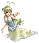 animal_humanoid antennae_(anatomy) breasts choker cleavage clothed clothing dress female gastropod gastropod_humanoid green_hair hair humanoid jewelry kenkou_cross long_hair low_res mollusk mollusk_humanoid monster_girl_(genre) monster_girl_profile necklace open_mouth red_eyes simple_background slime slug slug_humanoid solo split_form text white_background