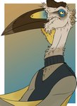 anthro beak black_clothing black_topwear blue_beak brown_beak chest_tuft clothing fur grey_body grey_fur long_neck male male_anthro multicolored_beak narrowed_eyes neck_tuft orange_sclera simple_background solo topwear tuft yellow_beak yellow_eyes imperatorcaesar coal_(imperatorcaesar) azhdarchid prehistoric_species pterosaur quetzalcoatlus reptile scalie absurd_res hi_res