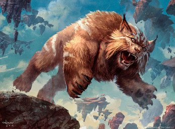ambiguous_gender brown_body brown_fur claws cloud day feral floating_island fur jumping low-angle_view open_mouth outside pawpads solo svetlin_velinov hasbro magic:_the_gathering wizards_of_the_coast felid feline lynx mammal 2019 official_art