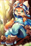 anthro brown_body brown_fur clothed clothing fangs forest fully_clothed fur green_eyes kemono male open_mouth outside plant solo teeth tree natadeko_kitsune cygames world_flipper lou_(world_flipper) canid canine canis domestic_dog mammal shiba_inu spitz shaded