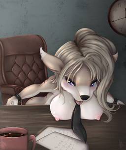 accessory anthro beverage black_nose blonde_hair bodily_fluids breast_rest breasts chair clock clothed clothing coffee cuff_(restraint) desk ear_piercing female fur furniture hair long_hair multicolored_body multicolored_fur necktie nipples paper piercing purple_eyes restraints solo sweat table tan_body tan_fur tongue tongue_out topless two_tone_body two_tone_fur white_body white_fur wrist_cuffs sekky-licious canid canine mammal 2015 hi_res