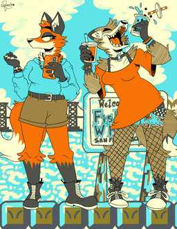 accessory anthro belt beverage bottomwear bra bra_strap bracelet brown_body brown_fur bubble_tea cellphone choker clothing dipstick_tail drinking_straw duo electronics fangs female female/female fishermans_wharf fishnet_clothing fishnet_legwear fluffy fluffy_tail footwear friendship_bracelet fur gloves_(marking) jewelry knee_tuft laugh leg_tuft legwear markings multicolored_body multicolored_fur necklace orange_body orange_fur phone ring san_francisco shoelaces shoes shorts smartphone tail tail_markings teeth torn_bottomwear torn_clothing tuft underwear romecartoons canid canine fox mammal red_fox true_fox hi_res