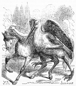 ambiguous_gender anthro claws duo feathered_wings feathers feral hair hand_on_neck hooves nude_anthro outside plant tree walking wings louis_le_breton dictionnaire_infernal public_domain scox avian bird demon equid equine horse mammal stork 1863 19th_century ancient_art black_and_white hi_res monochrome signature