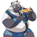 anthro belly black_body blue_eyes blush bottomwear bulge clothing eating food kemono male overweight overweight_male pizza pizza_slice shirt shorts simple_background solo topwear white_background ayame42612 syoubu426 vtuber kokuba_hoeguro canid canine mammal 2022 hi_res