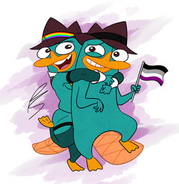 alternate_universe anthro asexual_pride_colors duo lgbt_pride male pride_colors rainbow_pride_colors square_crossover tail teal_body platislut disney lgbt_pride_month phineas_and_ferb perry_the_platypus mammal monotreme platypus hi_res signature