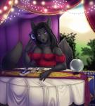 anthro black_body black_fur card clothed clothing crescent_(shape) female fortune_telling fur furniture hair looking_at_viewer major_arcana multi_tail purple_eyes sitting smile solo table tablecloth tail tarot tarot_card the_empress_(tarot) wheel_of_fortune_(tarot) shariea sharilar canid canine fox mammal 2017