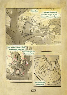 ambiguous_gender anthro biped blue_eyes branch claws female group hair illusion illusion_(ability) liquid on_branch outside page_number plant pouch_(clothing) sky text thought_bubble toe_claws tree trio vial truescorn nintendo pokemon pokemon_mystery_dungeon shadows_for_hire spike_chunsoft asche_(truescorn) clarity_(truescorn) orchid_(truescorn) generation_2_pokemon generation_4_pokemon generation_5_pokemon granbull lucario pokemon_(species) weavile zoroark 2025 absurd_res comic english_text hi_res huge_filesize